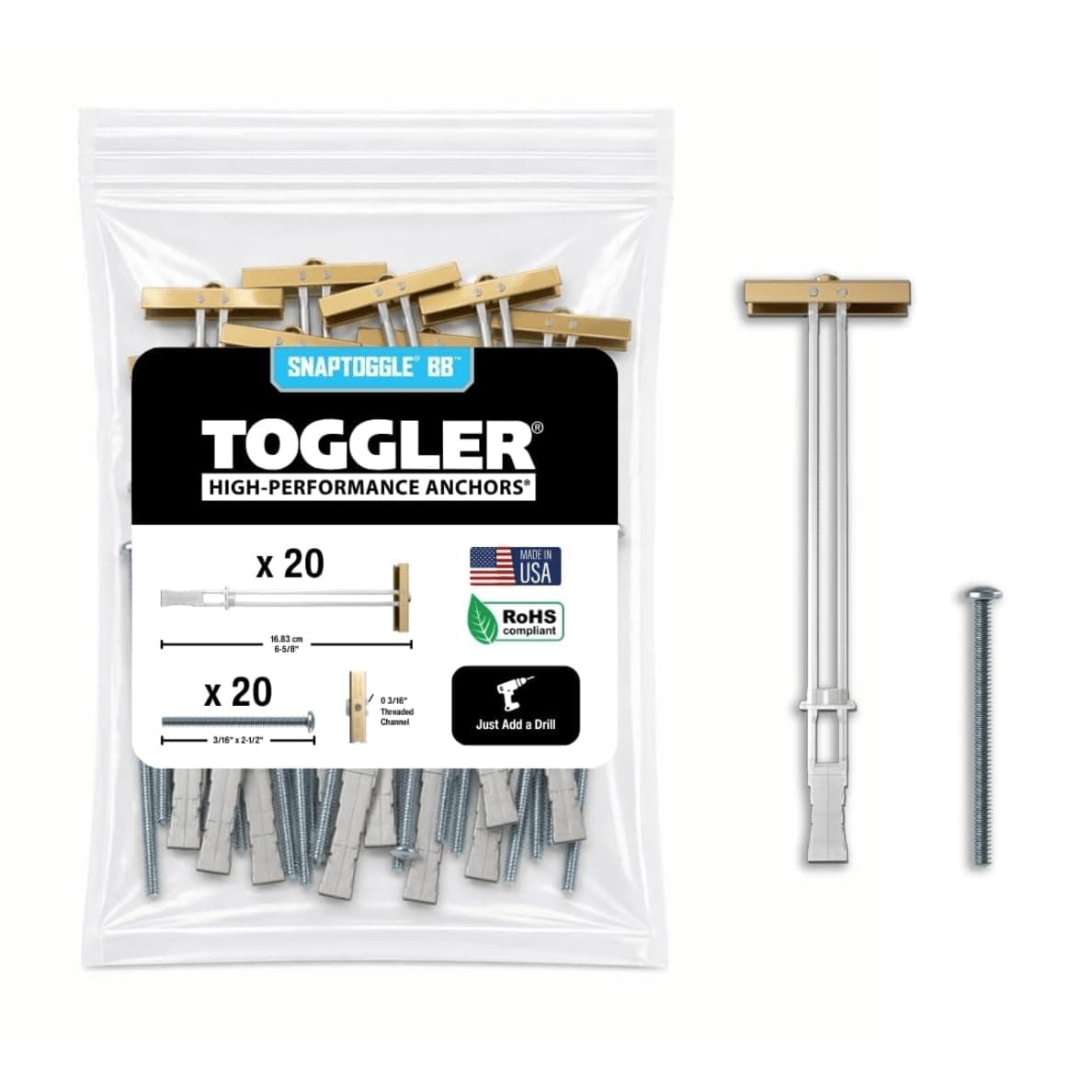 TOGGLER SNAPTOGGLE Drywall Anchors with 1/4-20 Bolts, 20 Pack 20 Pack w/ Round Head Bolts