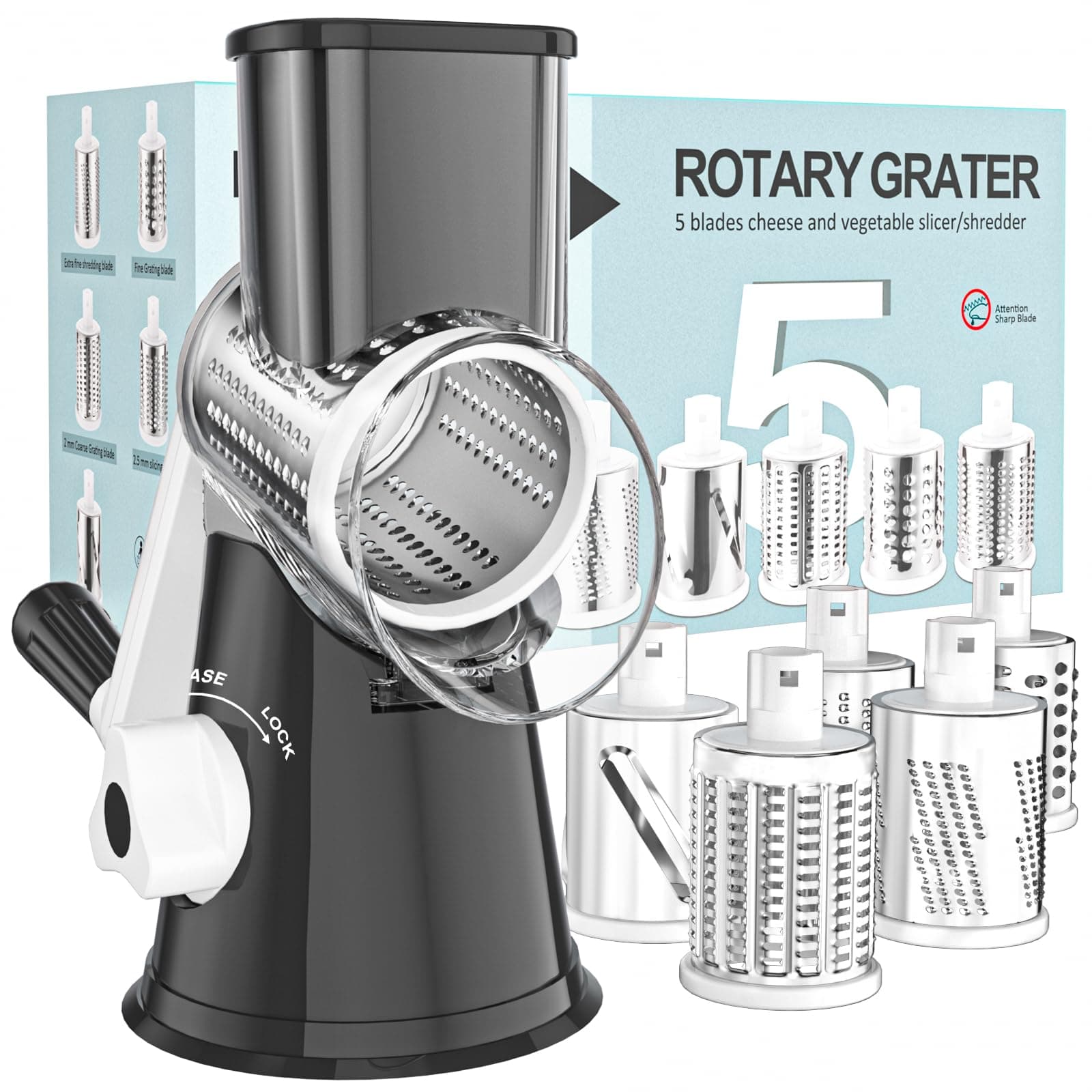 Cambom Rotary Cheese Grater Hand Crank Cheese Shredder, Black 5 BLADES Black