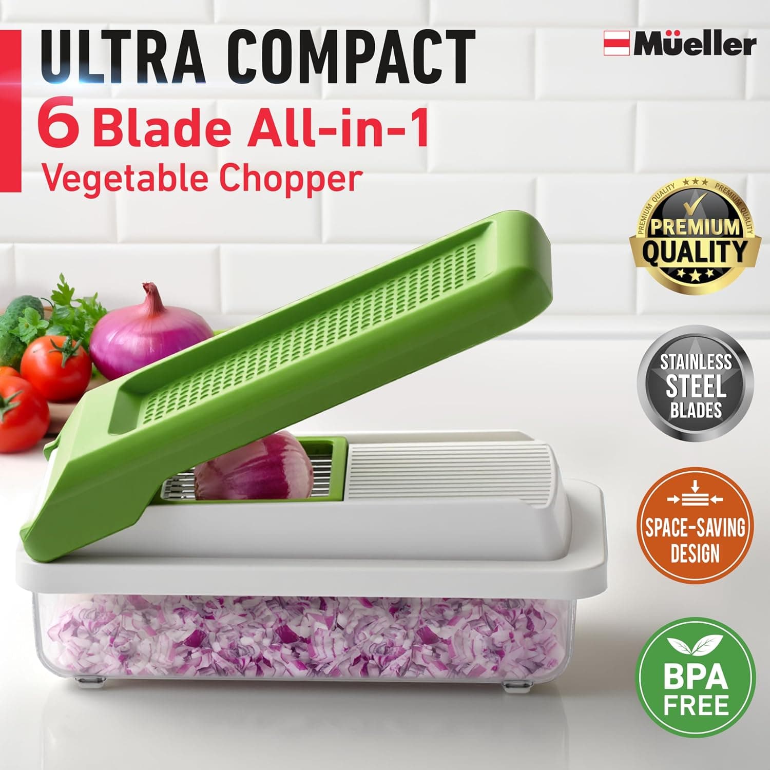 Mueller Vegetable Chopper, Mandoline Slicer, Food Veggie Chopper, Cheese Grater, Onion Vegetable Cutter with Container, Dicer, Kitchen Gadgets & Essentials, White Sand/Green White Sand/Green 6 blades